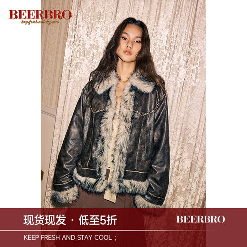 BeerBro 美式西部辣妹重工洗水擦色毛领皮衣女加厚翻领短款外套