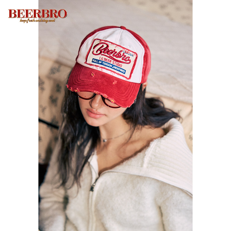 BeerBro 美式复古街头做旧水洗撞色贴布绣棒球帽女休闲字母帽子图片