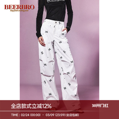 BeerBro 蝴蝶结波点印花低腰工装裤女新款松紧抽绳收褶宽松阔腿裤