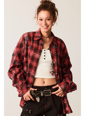 BeerBro『复古声浪』满幅亮银烫钻特色花纹底红色格子衬衫薄外套