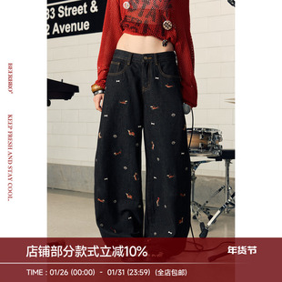 BeerBro 『明星同款』小小小弯刀版型原色牛仔小狗绣花牛仔裤女