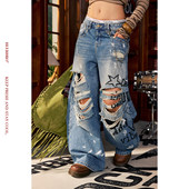 朋克割烂泼墨印花做旧宽松显瘦阔腿牛仔裤 BeerBro 明星同款