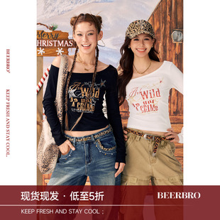 BeerBro『反叛假日』舒适亲肤辣妹斜肩闪粉印花修身短款针织T恤