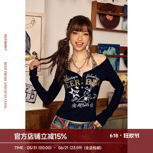 BeerBro『摇滚书吧』莱赛尔天丝豹纹修身短款真两件长袖T恤带胸垫