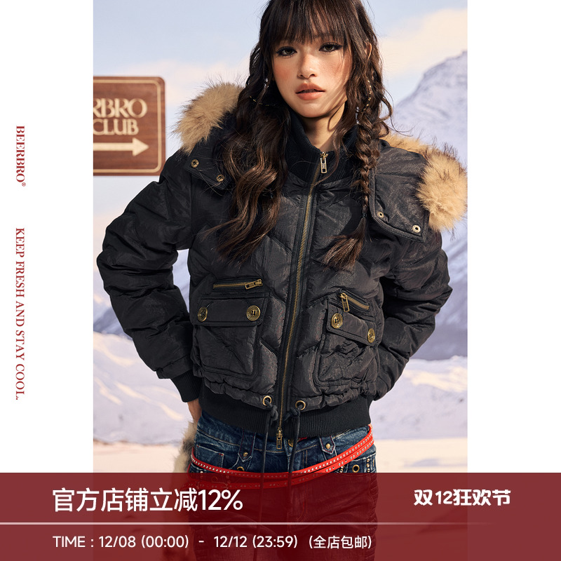 BeerBro『反叛竞技社』尼龙微光90白鸭绒貉子毛羽绒服外套女秋冬
