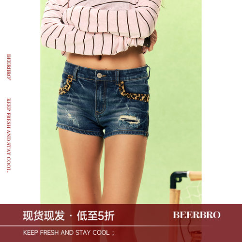BeerBro『无界假日』复古辣妹豹纹破洞设计感显瘦牛仔短裤女夏季