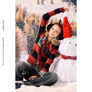 BeerBro『反叛假日』黑红撞色条纹朋克收腰修身显瘦毛领毛衣