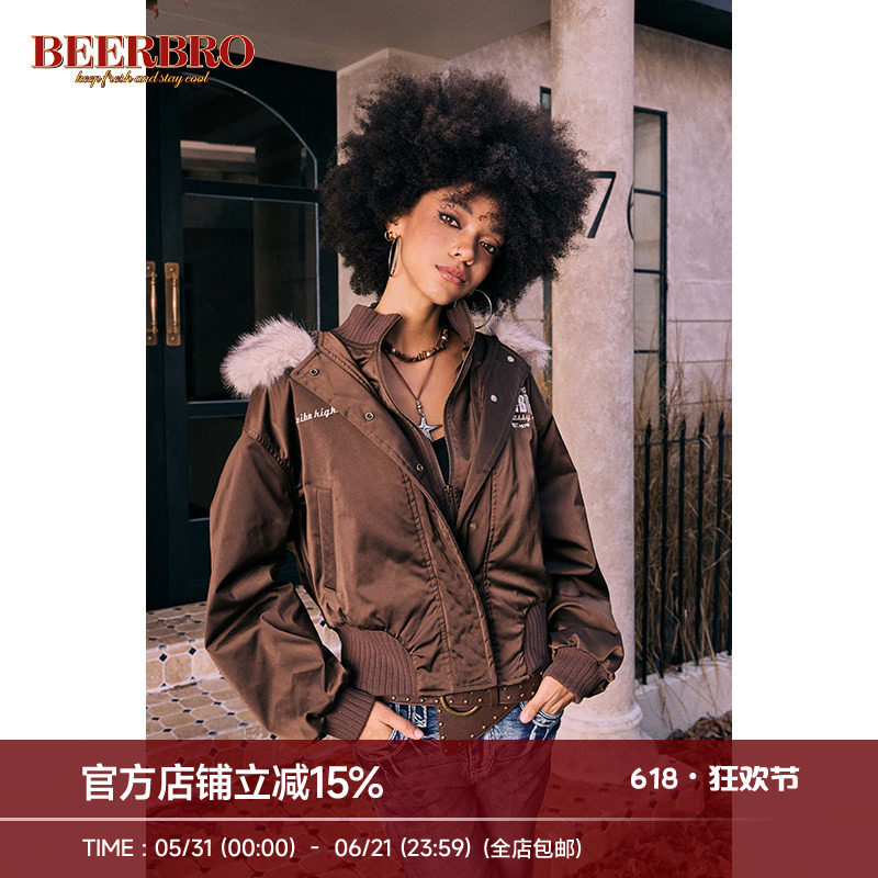 BeerBro 复古辣妹假两件毛毛领薄棉服秋冬新款放风拉链小高领外套