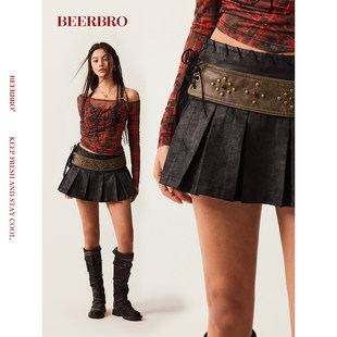 BeerBro『新启旅途』美式西部风格麂皮百褶裙可拆卸腰带半身裙