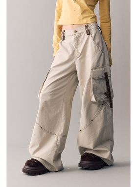 BeerBro 『复古声浪』挺阔感拼接做旧皮料洗水感宽松阔腿休闲裤