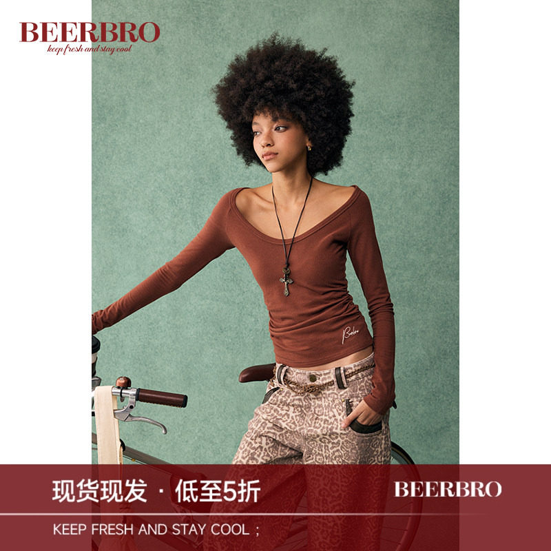 BeerBro 美式辣妹修u领修身羊毛打底T恤小衫女秋冬修身显瘦上衣