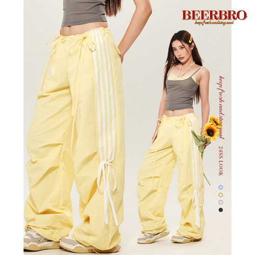 BeerBro 美式复古工装裤女夏季2024新款宽松阔腿裤拖地运动长裤子