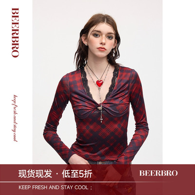 BeerBro 美式辣妹收腰修身扭结V领针织衫女春秋蕾丝格子长袖上衣