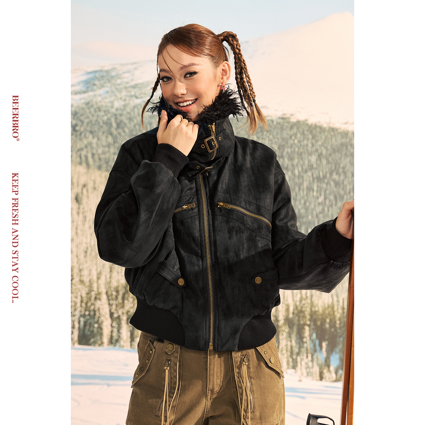 BeerBro『反叛竞技社』秋冬1700g加厚毛毛大翻领夹棉pu麂皮外套