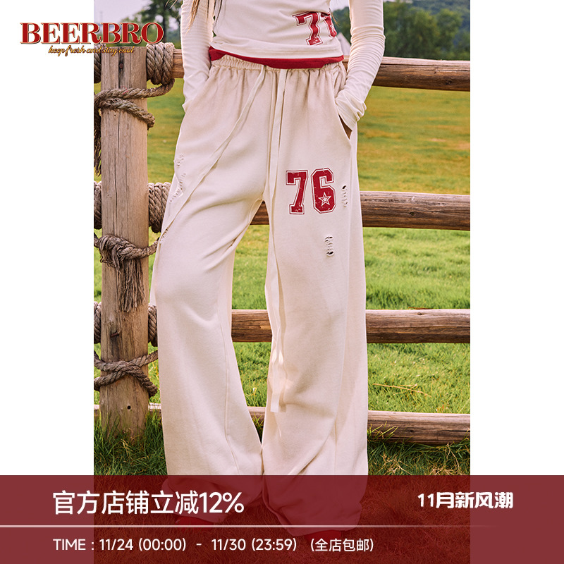 BeerBro美式运动辣妹做旧洗水宽松橡筋腰卫裤撞色印花两件套上衣