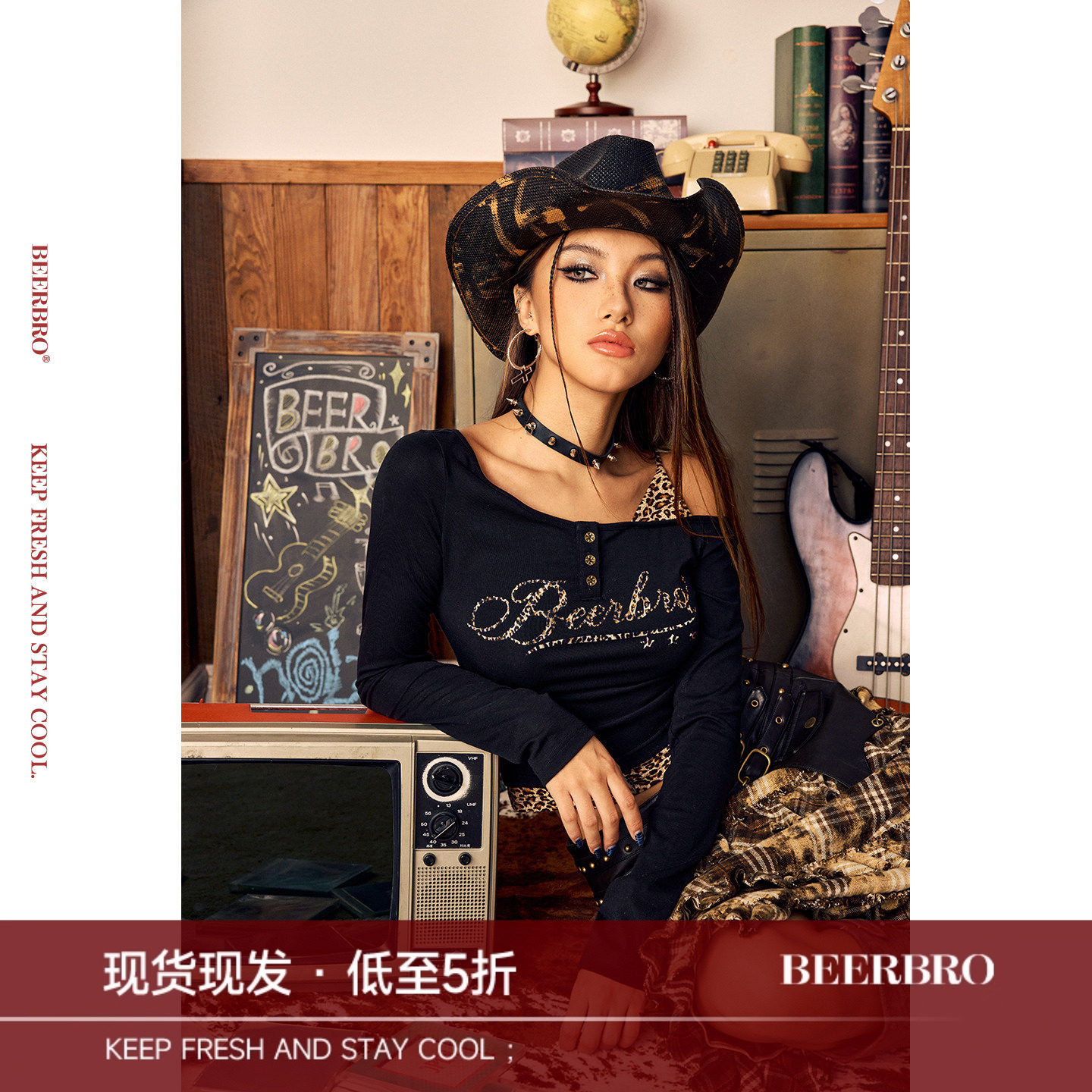 BeerBro『摇滚书吧』美式秋冬豹纹上衣字母烫钻假两件长袖T恤女图片