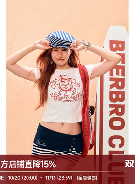 BeerBro『出逃西海岸』92%棉复古可爱校园小狗印花正肩短袖T恤