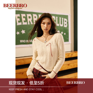 毛织衫 BeerBro 手工缝线长袖 新款 废土辣妹镂空一字肩毛衣女秋季