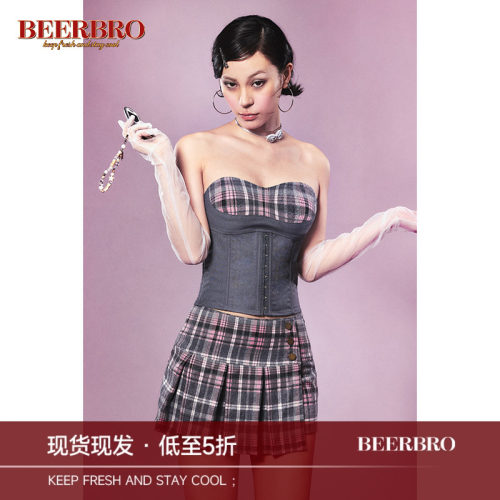BeerBro 美式学院风紧身拼接鱼骨胸衣复古辣妹格子百褶裙裤套装