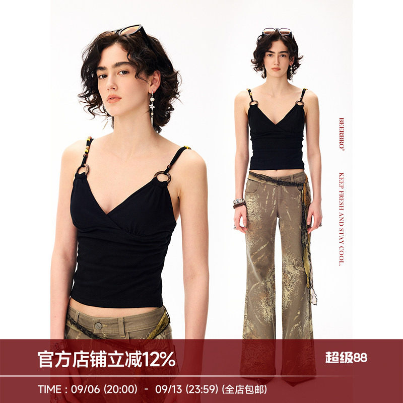BeerBro『艺术流浪』柔软亲肤 串珠带胸垫辣妹紧身吊带背心女夏图片