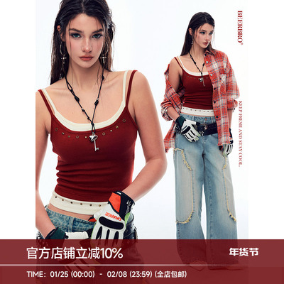 BeerBro『brat girl』『天丝羊毛』辣妹烫片撞色假两件吊带背心