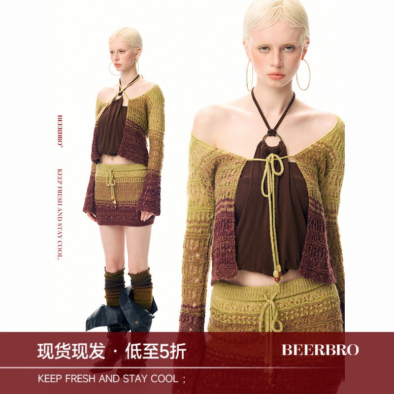 BeerBro『反叛Y2K』『绵羊毛』细软金银线镂空渐变金丝针织开衫