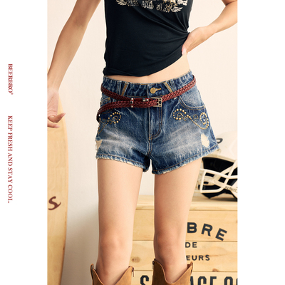 BeerBro『狂欢音乐节』辣妹夏季水洗铆钉烫钻中低腰牛仔短裤
