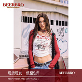 美式 摇滚印花V领长袖 T恤女撞色插肩袖 BeerBro 侧身收褶修身 上衣