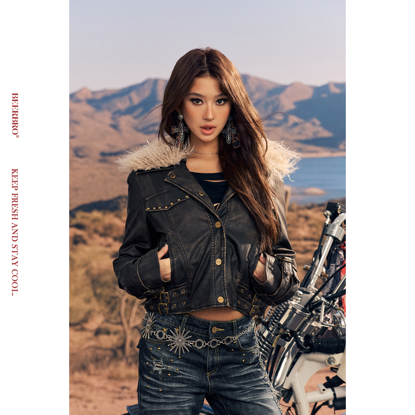 BeerBro『公路音速 』1200G裥棉美式辣妹撞钉洗水短款皮衣外套