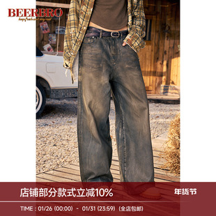 BeerBro 美式复古游牧风宽松刷蜡做旧长牛仔裤女秋冬显瘦直筒长裤