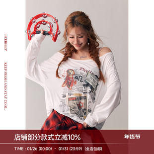 BeerBro 『复古声浪』手感柔软舒适一字肩报纸图案长袖T恤上衣