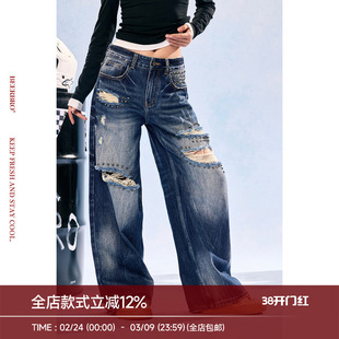 BeerBro『竞速脉冲』100%全棉实穿又吸睛宽松直筒破洞铆钉牛仔裤