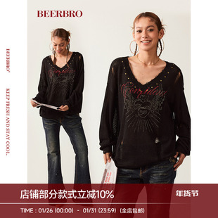 BeerBro『新启旅途』爱心翅膀辣妹烫钻松弛感V领毛衣罩衫春季女