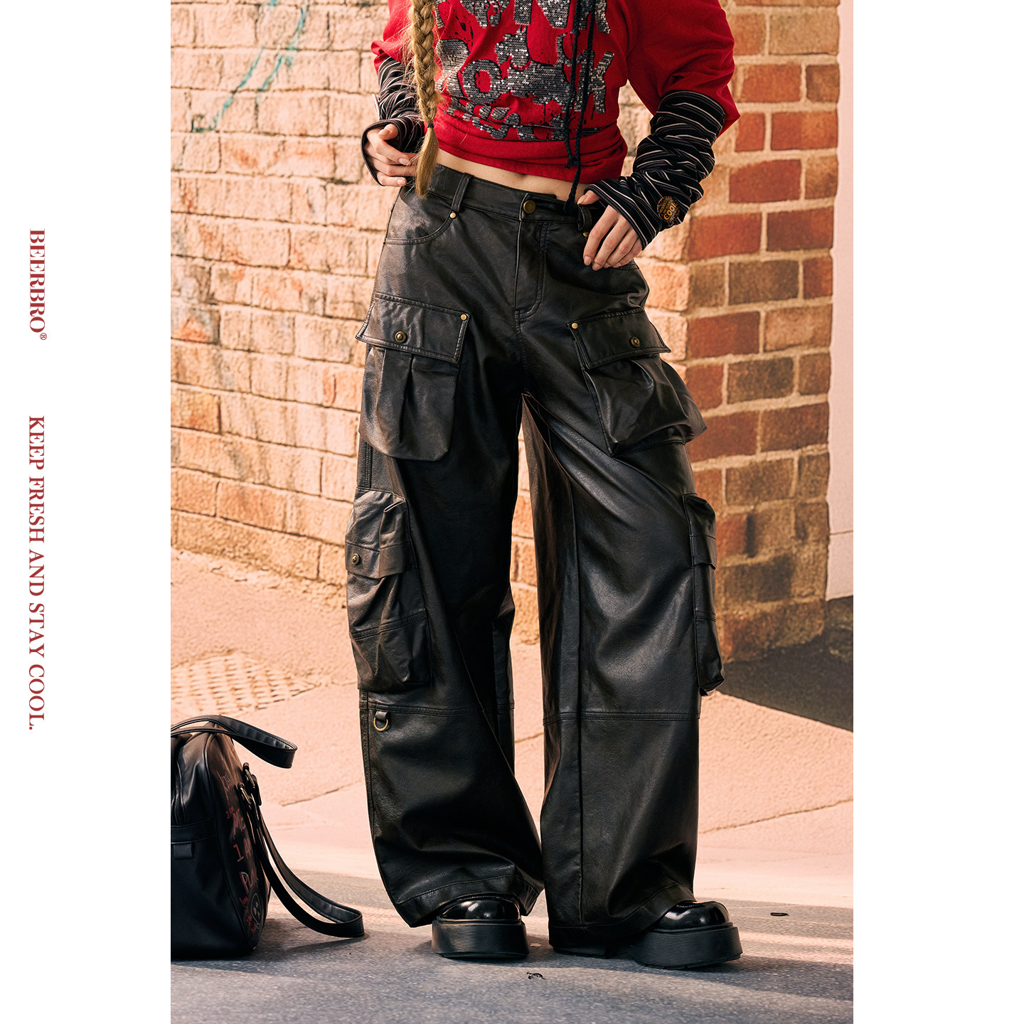 BeerBro 『反叛摇滚』洗水擦色摇滚宽松多口袋洗水皮裤休闲裤女,女装/女士精品,休闲裤,淘宝优惠券,粉丝福利购,淘宝优惠卷