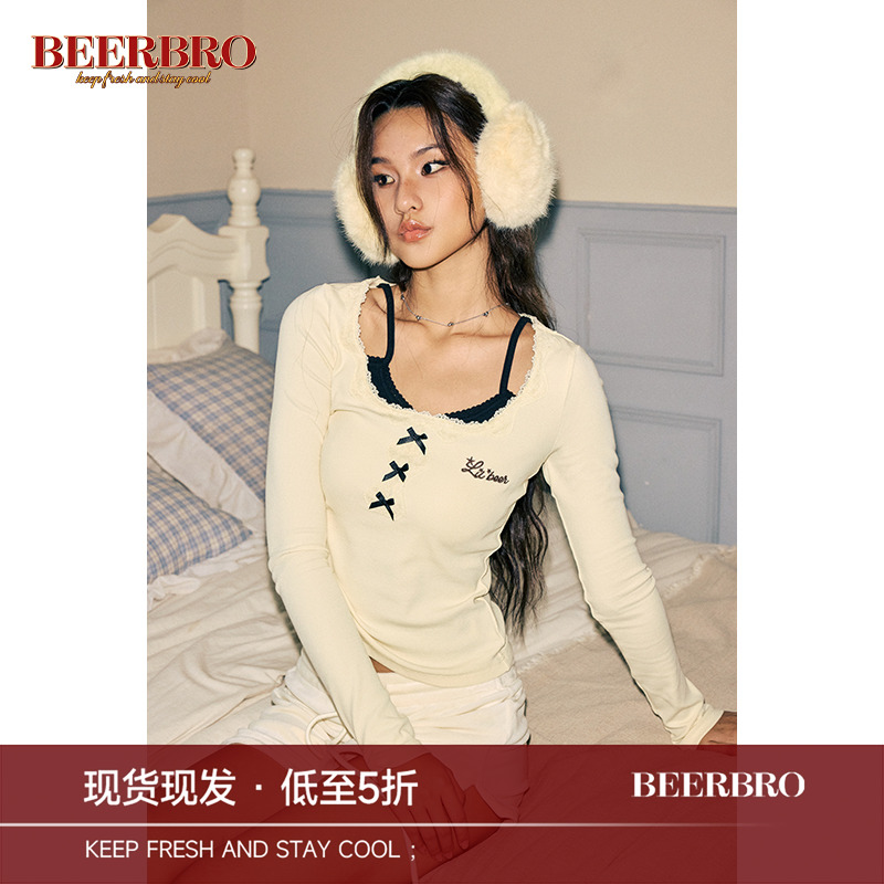 BeerBro 美式辣妹假两件蝴蝶结蕾丝长袖针织衫女秋冬短款T恤上衣