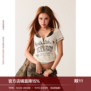BeerBro『复古声浪』辣妹弹力修身撞色两件套迷彩比基尼短袖T恤女