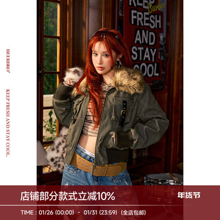 BeerBro『摇滚书吧』重磅洗水复古辣妹短款可拆卸毛领皮夹克外套