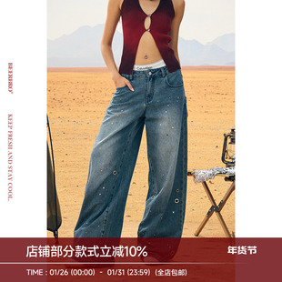 BeerBro『非洲大迁徙』洗水做旧烫钉宽松显瘦阔腿牛仔裤女夏季