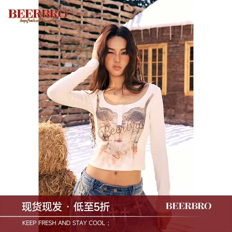 BeerBro 美式游牧风大U领胸衣印花针织打底衫女秋冬修身短款上衣