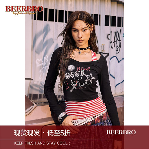 BeerBro美式辣妹宽领口修身印花长袖T恤女涂鸦绣花带胸垫条纹背心