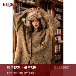 BeerBro 美式街头花沙漏针豹纹提花羊毛毛衣女秋冬针织开衫外套