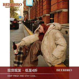 设计感抽褶纯色棉衣潮 做旧肌理感加厚棉服外套女冬季 BeerBro 美式