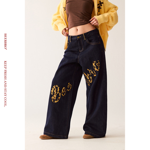BeerBro 美式 辣妹豹纹刺绣宽松显瘦直筒牛仔裤 女 复古声浪