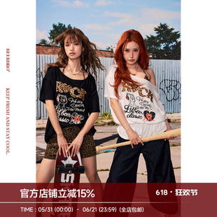 BeerBro『酷辣乐园』辣妹豹纹宽松显瘦一字领真两件斜肩正肩T恤