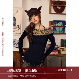 BeerBro『摇滚书吧』绵羊毛辣妹一字肩豹纹毛毛短款提花毛衣女