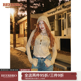 美式 BeerBro 辣妹镂空透视针织长袖 女春秋欧美高级感街头上衣薄款