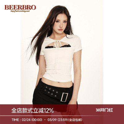 BeerBro 美式复古玫瑰花碎花设计感甜辣系带修身短袖T恤上衣女