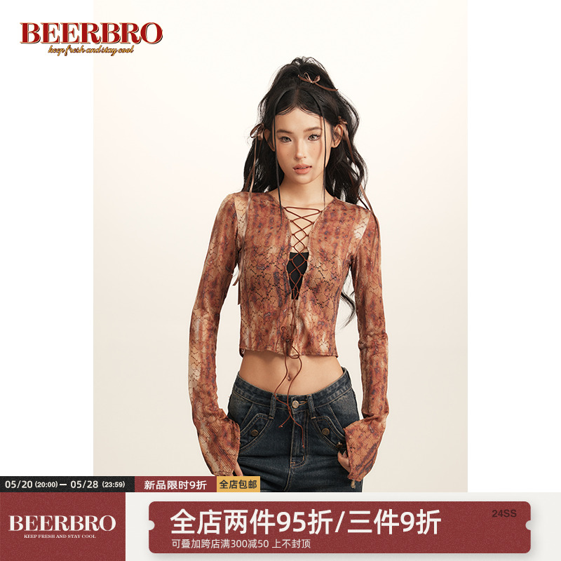 BeerBro美式复古浪漫蕾丝印花修身显瘦打底辣妹风针织衫上衣女