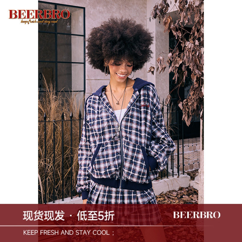 BeerBro复古辣妹菱形格子宽松连帽棉服外套绣花压褶显瘦A字半身裙