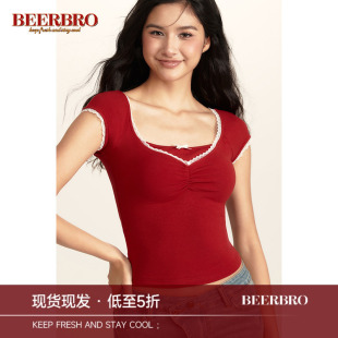 BeerBro 美式复古甜辣风蝴蝶结蕾丝花边紧身显瘦假两件T恤上衣女